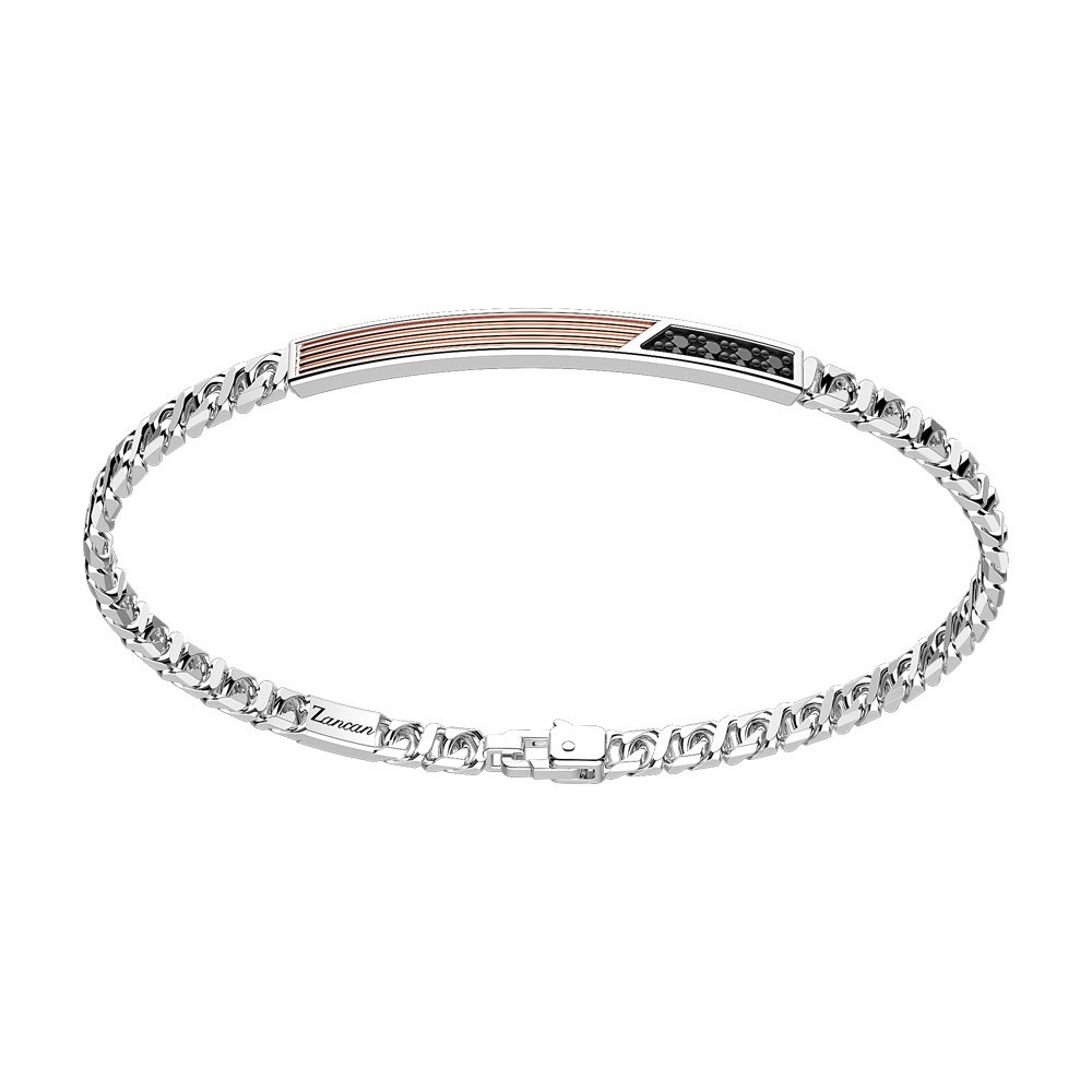 Zancan Bracciale a grumetta Zancan in argento con targa ed inserti in oro rosa e pietre nere