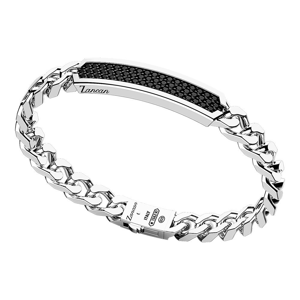 Zancan Bracciale A Grumetta Zancan In Argento Con Targa E Pietre Nere