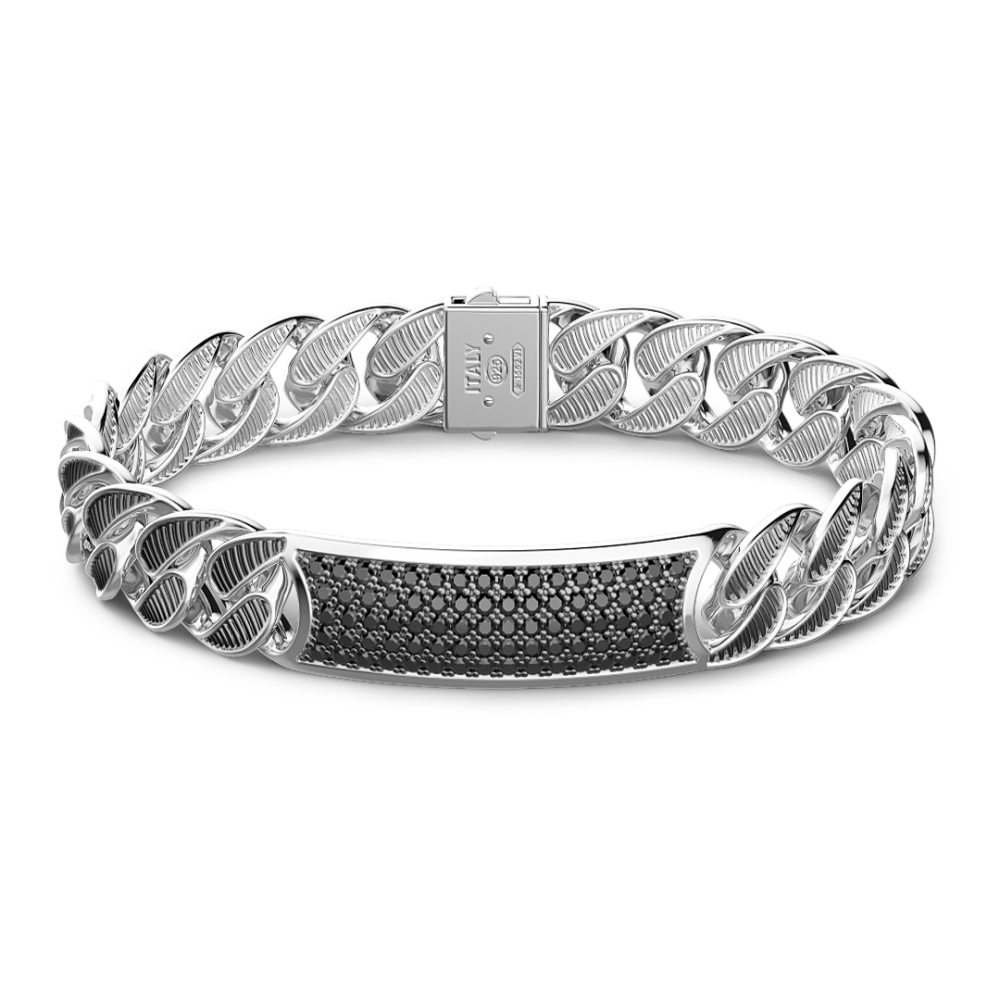 Zancan Bracciale grumetta larga Zancan in argento con finitura striatae targa con pietre nere