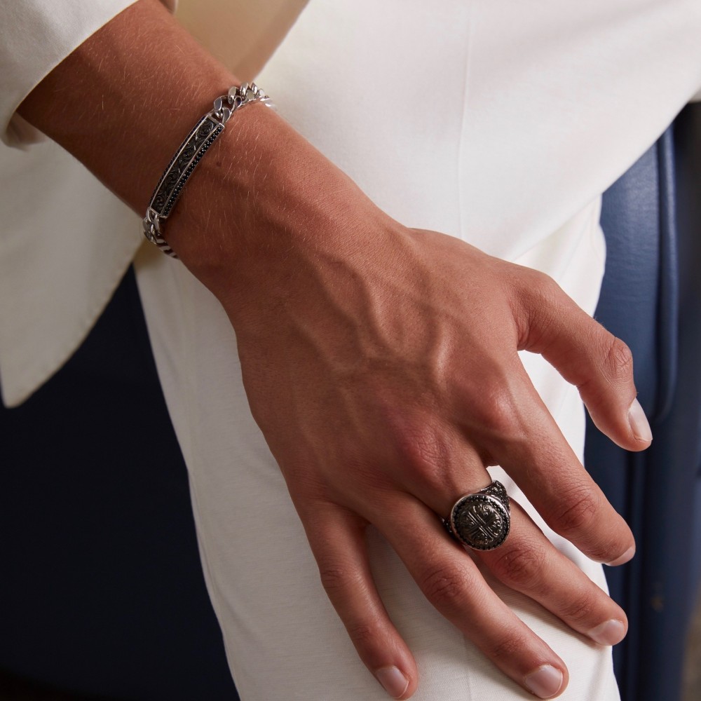 Zancan Bracciale Zancan In Argento A Grumetta Con Targa E Pietre Nere