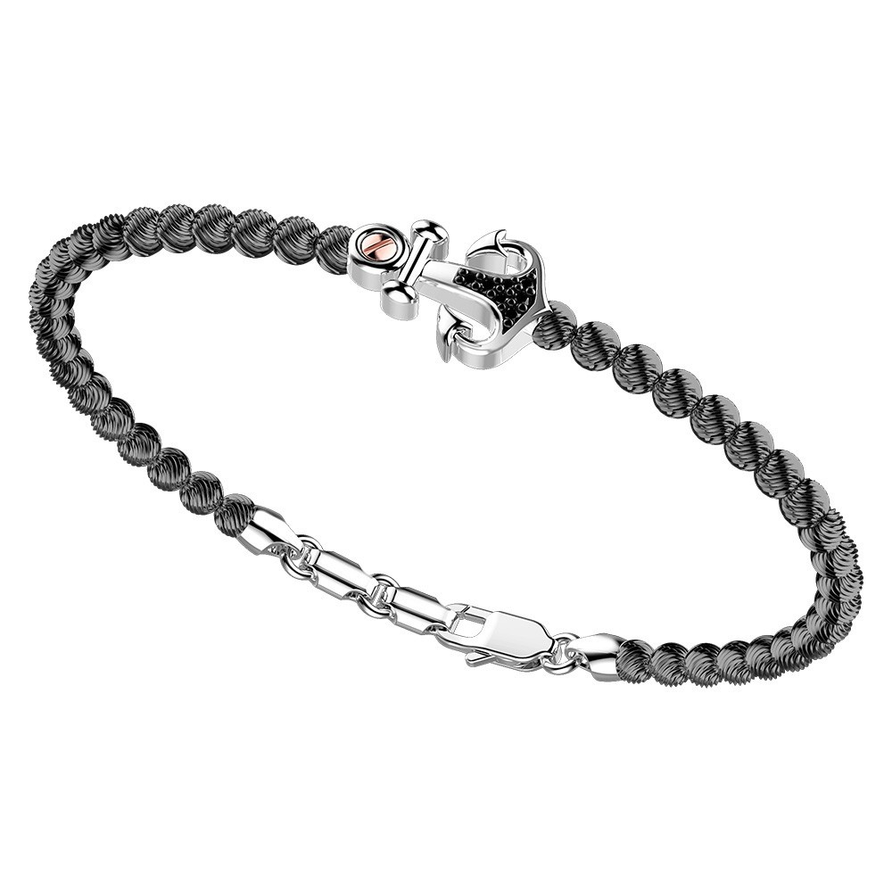 Zancan Bracciale Zancan in argento a sfere con ancora e pietre nere