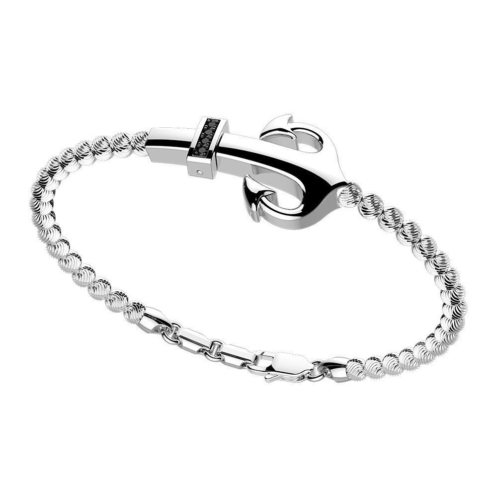 Zancan Bracciale Zancan in argento a sfere con ancora e pietre nere