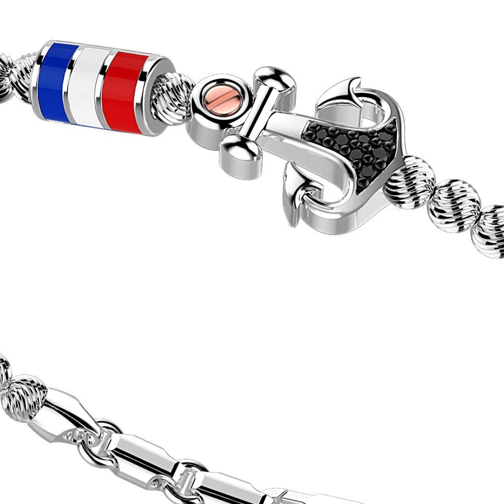 Zancan Bracciale Zancan In Argento A Sfere Con Bandiere Nautiche E Ancora Con Pietre Nere