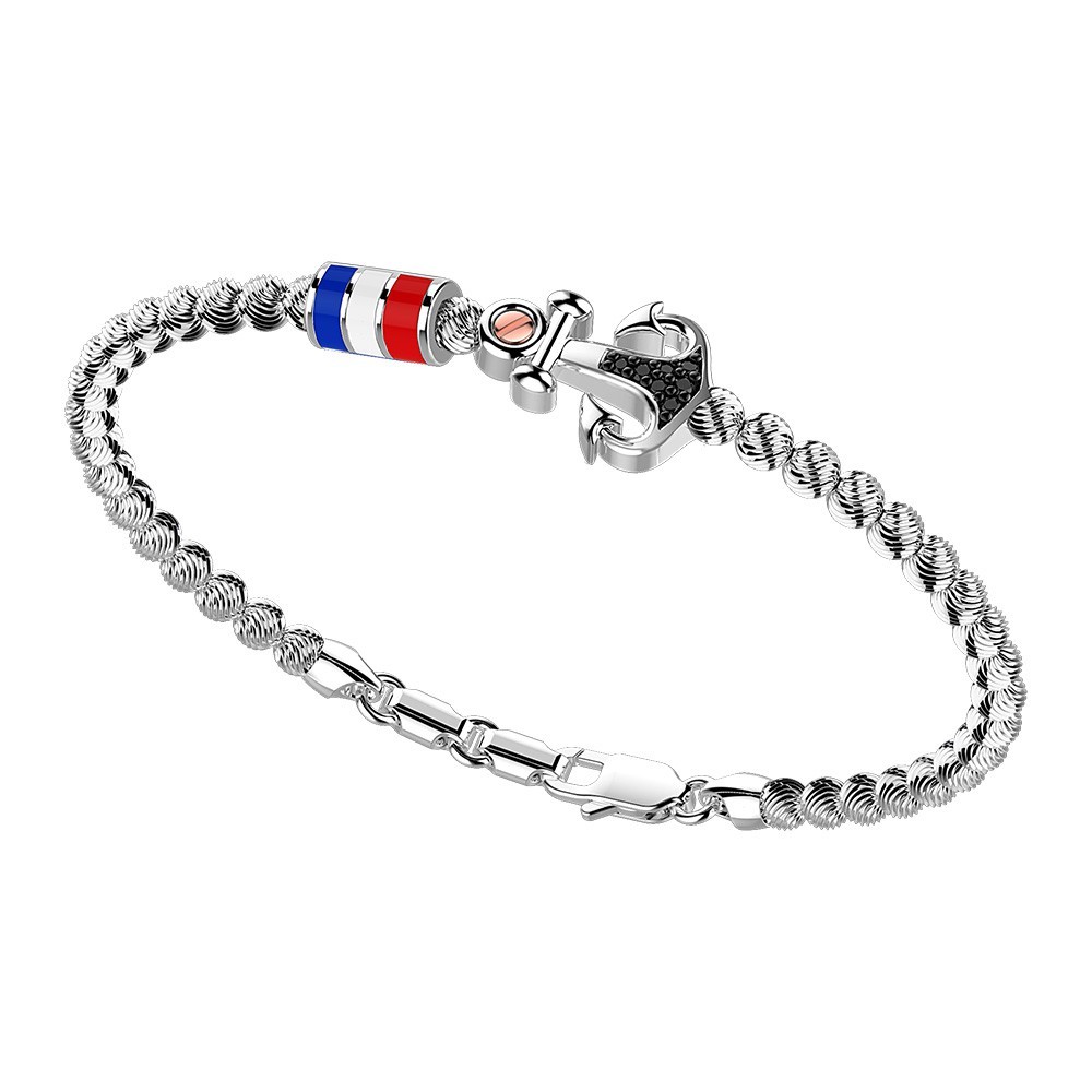 Zancan Bracciale Zancan in argento a sfere con bandiere nautiche e ancora con pietre nere