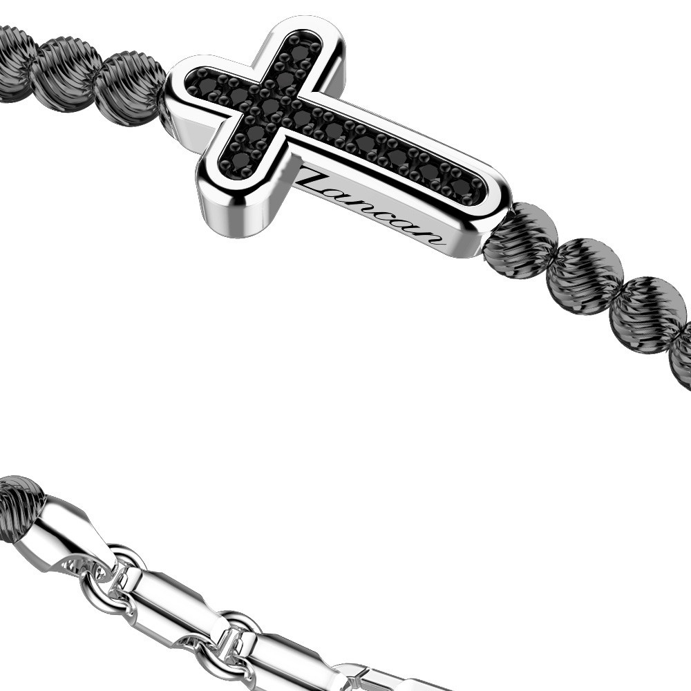 Zancan Bracciale Zancan In Argento A Sfere Con Croce E Pietre Nere