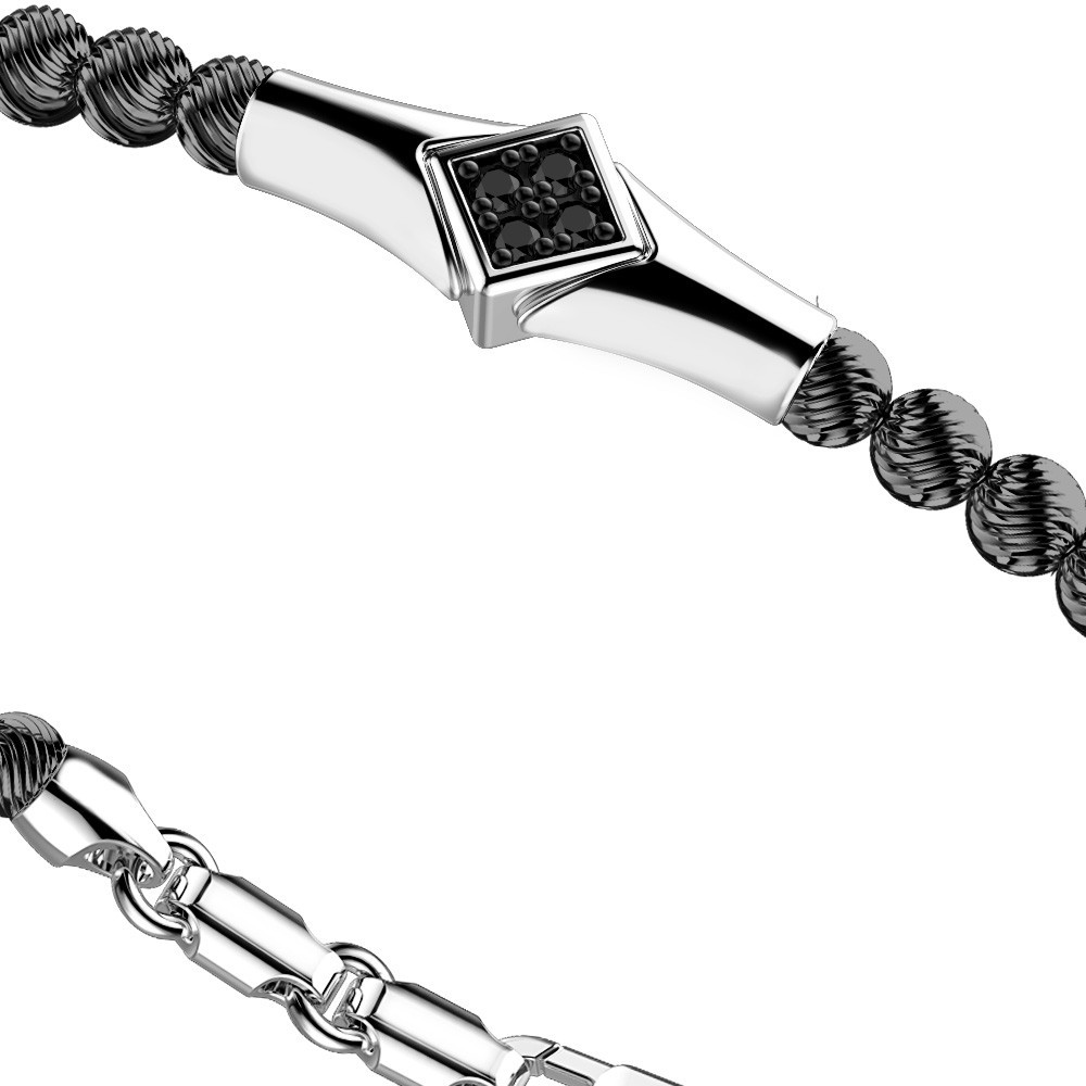 Zancan Bracciale Zancan In Argento A Sfere Con Targa E Pietre Nere
