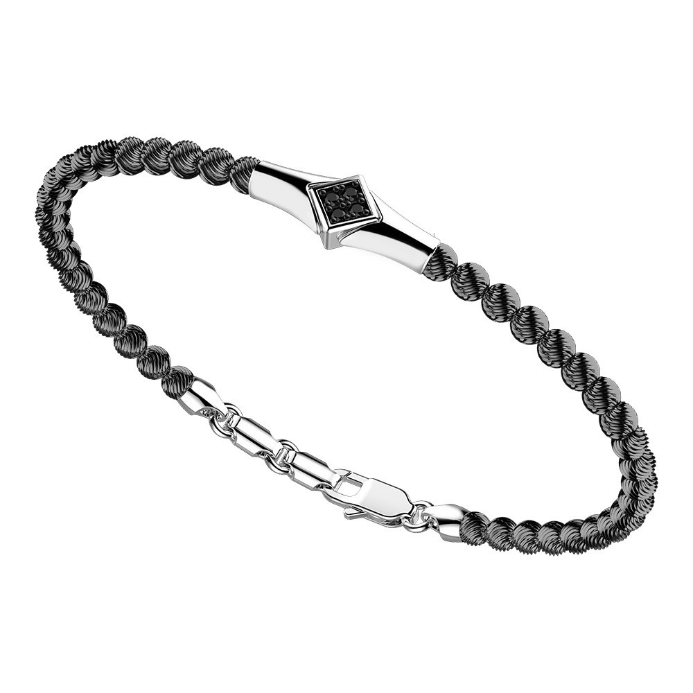 Zancan Bracciale Zancan in argento a sfere con targa e pietre nere