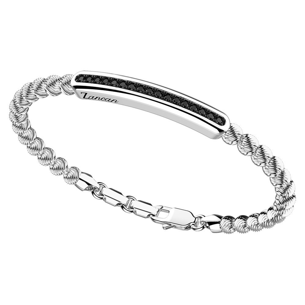 Zancan Bracciale Zancan in argento a sfere con targa e pietre nere