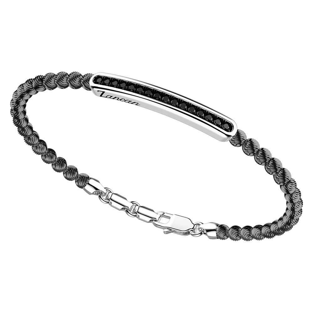 Zancan Bracciale Zancan in argento a sfere con targa e pietre nere