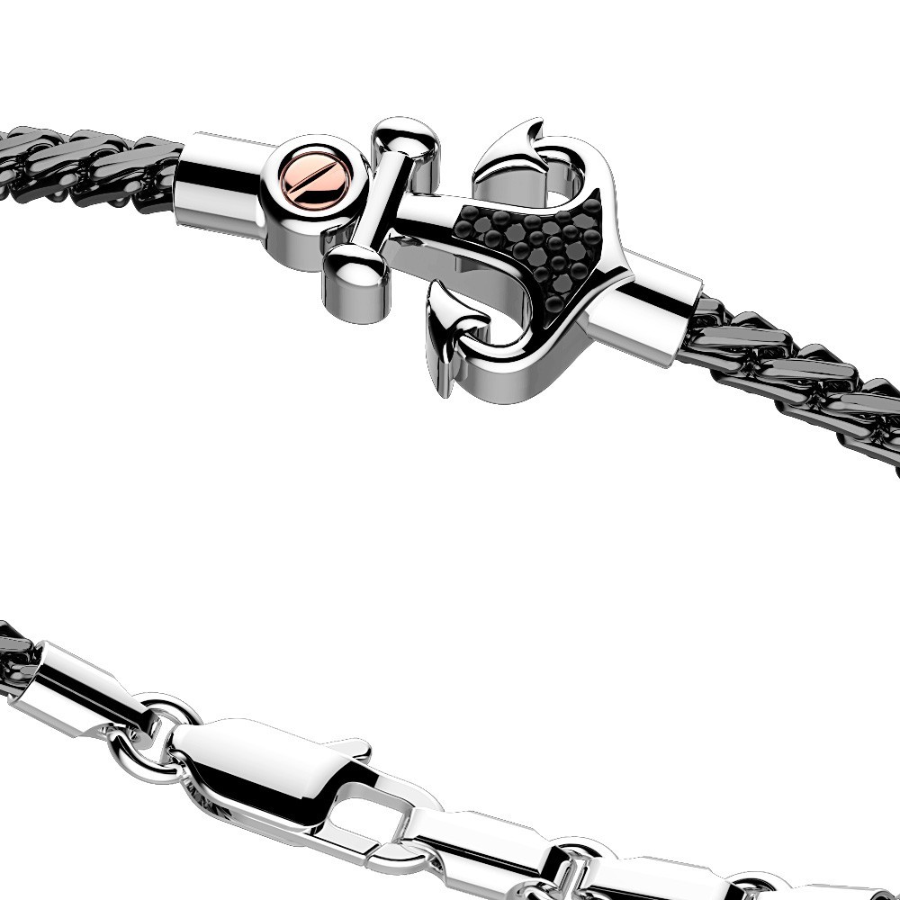 Zancan Bracciale Zancan In Argento Con Ancora E Pietre Nere