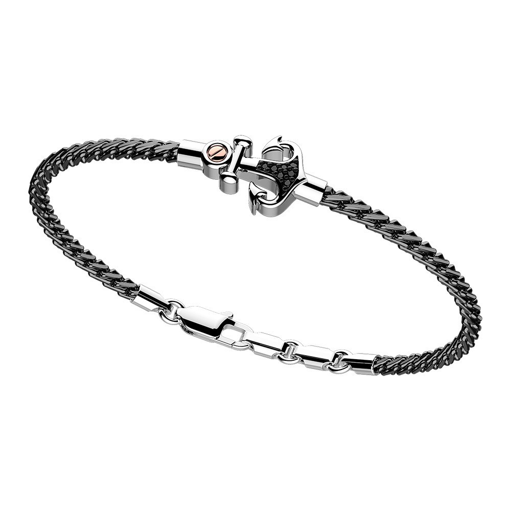 Zancan Bracciale Zancan in argento con ancora e pietre nere