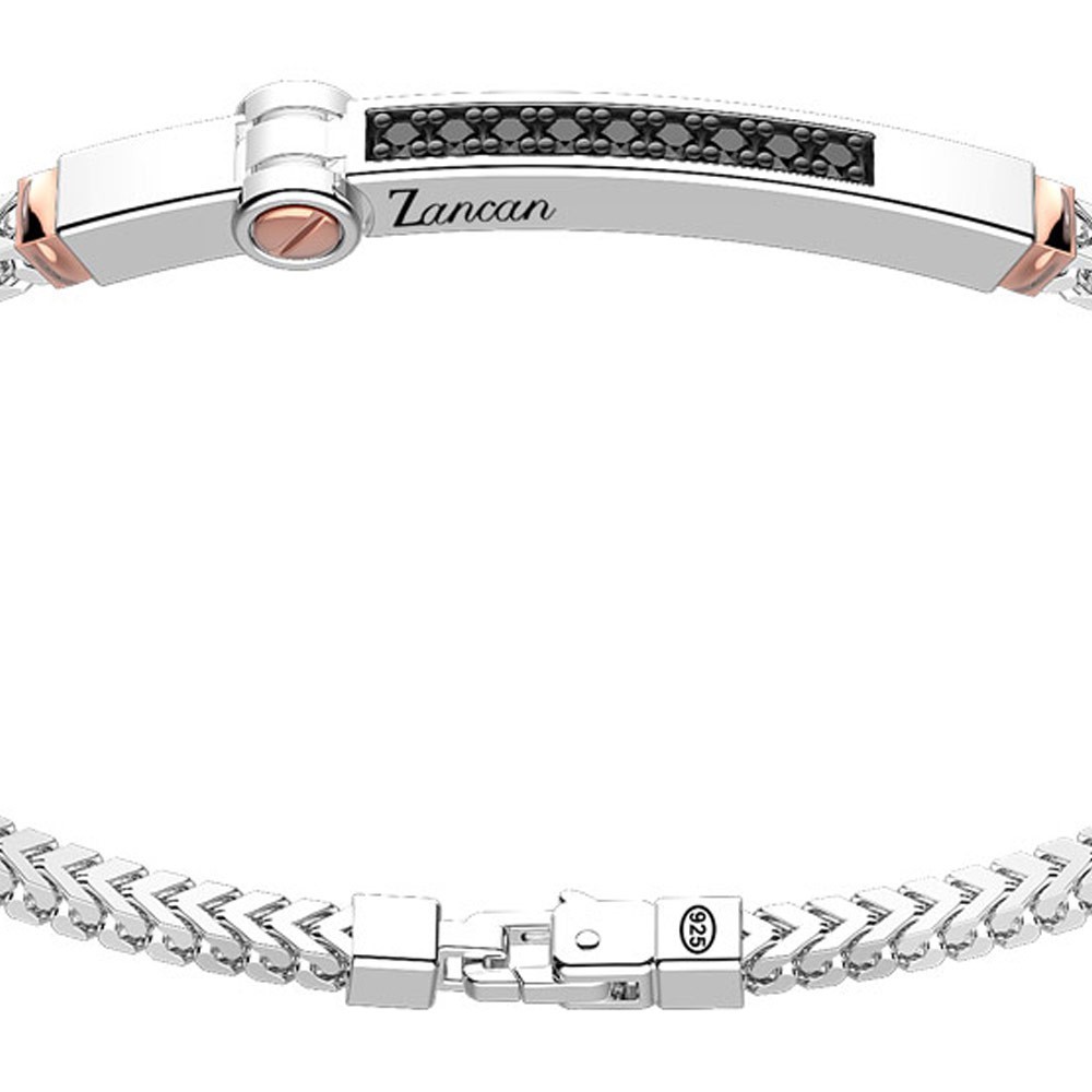 Zancan Bracciale Zancan In Argento Con Targa Ed Inserti In Oro Rosa E Pietre Nere