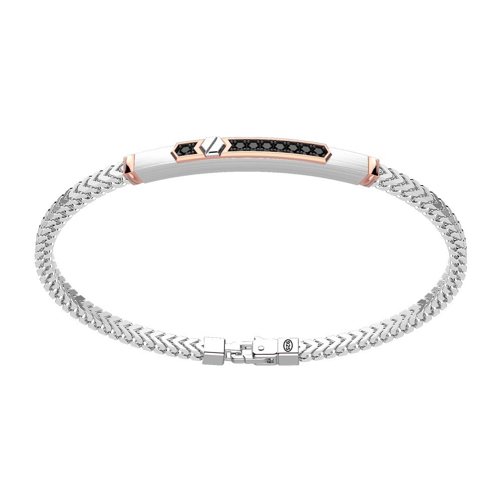 Zancan Bracciale Zancan in argento con targa ed inserti in oro rosa e pietre nere
