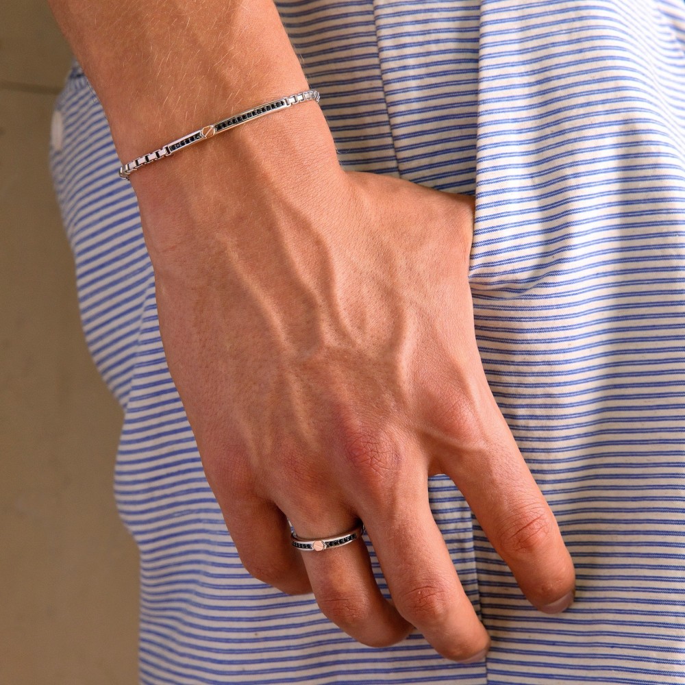 Zancan Bracciale Zancan In Argento Con Targa Pietre Nere E Vite In Oro Rosa