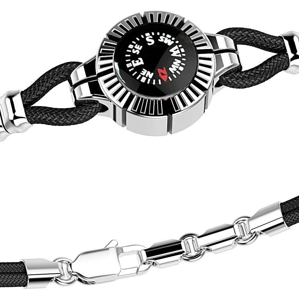 Zancan Bracciale Zancan In Argento E Kevlar Nero Con Bussola Su Fondo Nero