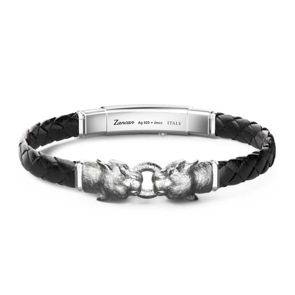 Zancan Bracciale Zancan in argento e pelle con pantere