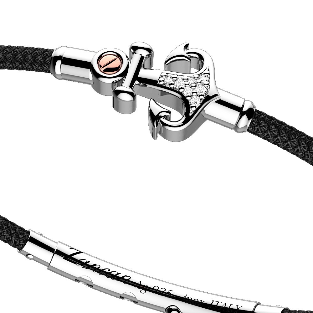 Zancan Bracciale Zancan In Kevlar Con Ancora In Argento E Pietre Bianche
