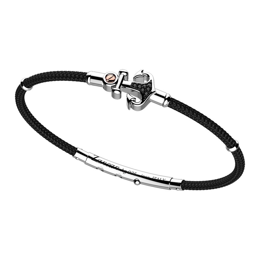 Zancan Bracciale Zancan in kevlar con ancora in argento e pietre nere