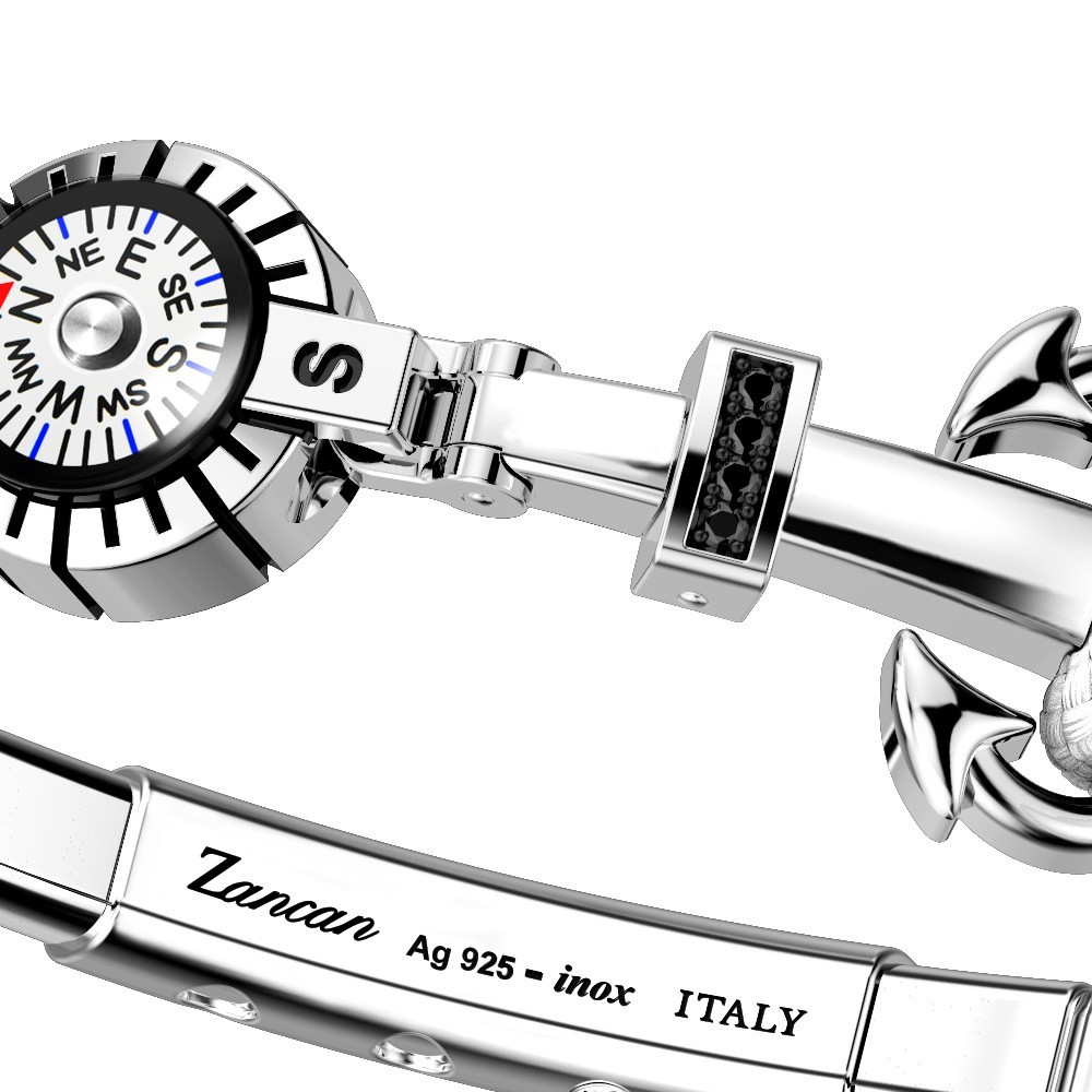 Zancan Bracciale Zancan In Kevlar Con Ancora In Argento Pietre E Bussola