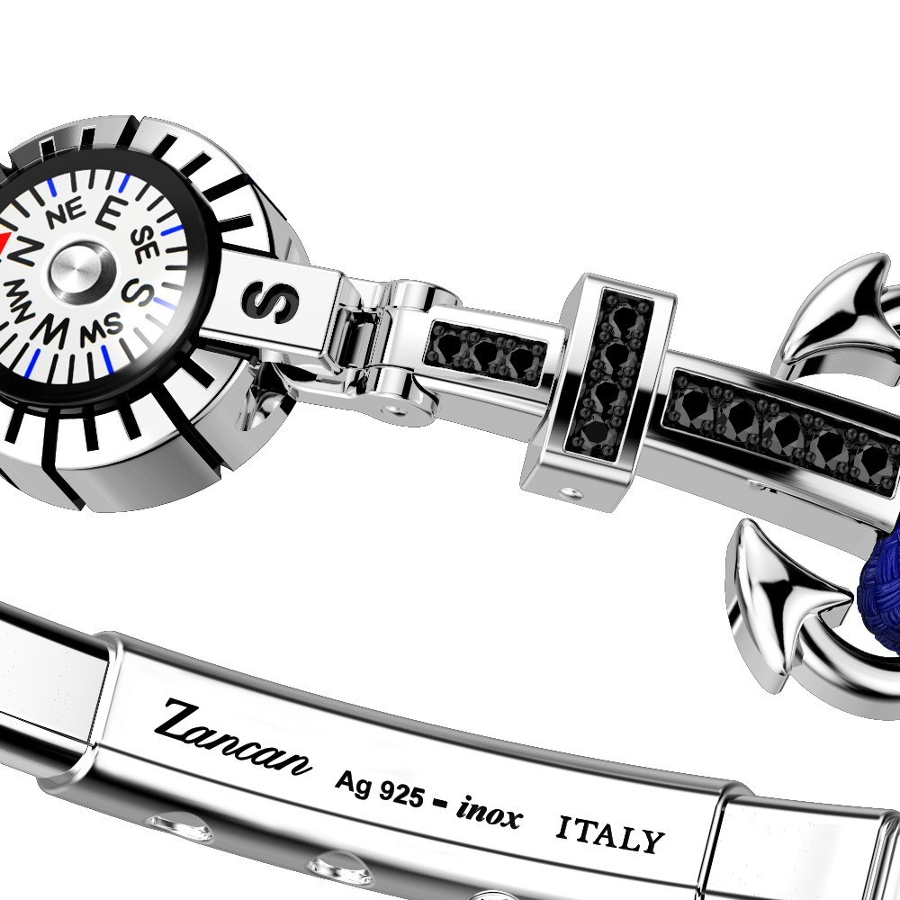 Zancan Bracciale Zancan In Kevlar Con Ancora In Argento Pietre E Bussola