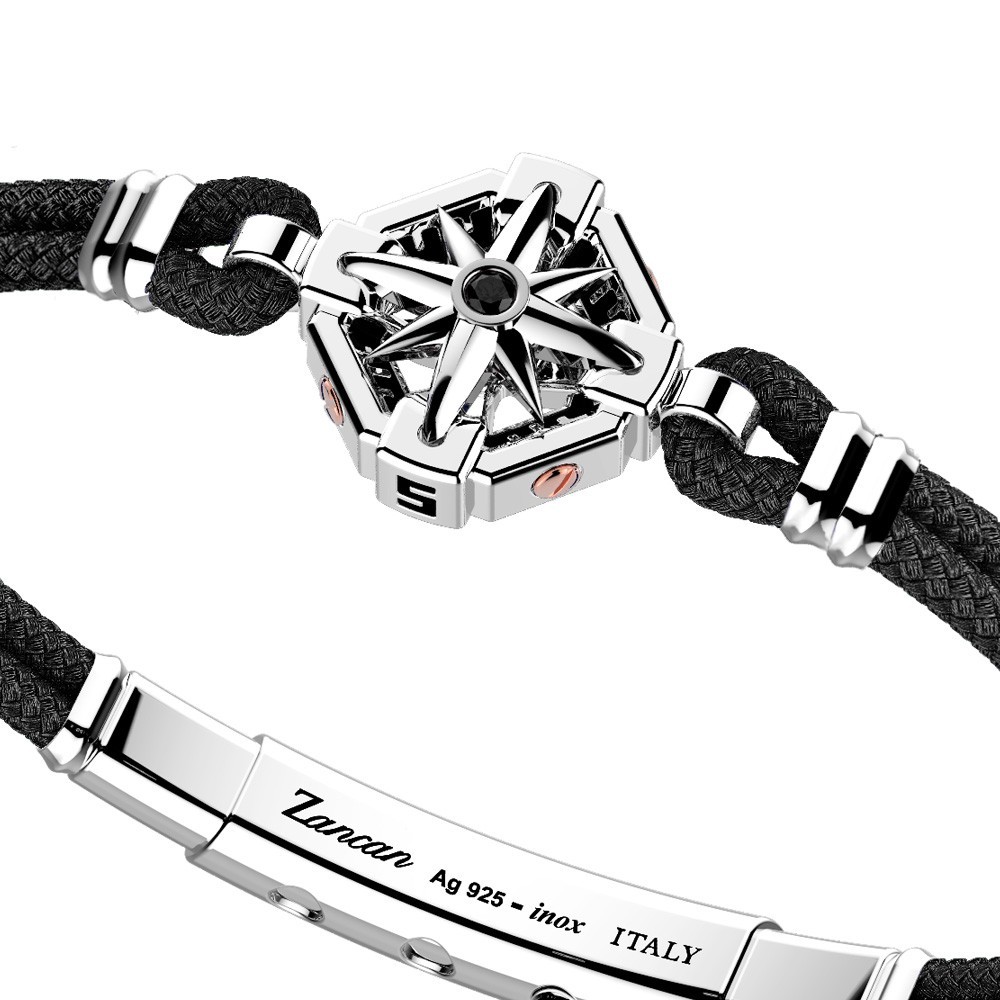 Zancan Bracciale Zancan In Kevlar Con Rosa Dei Venti In Argento E Pietra Nera