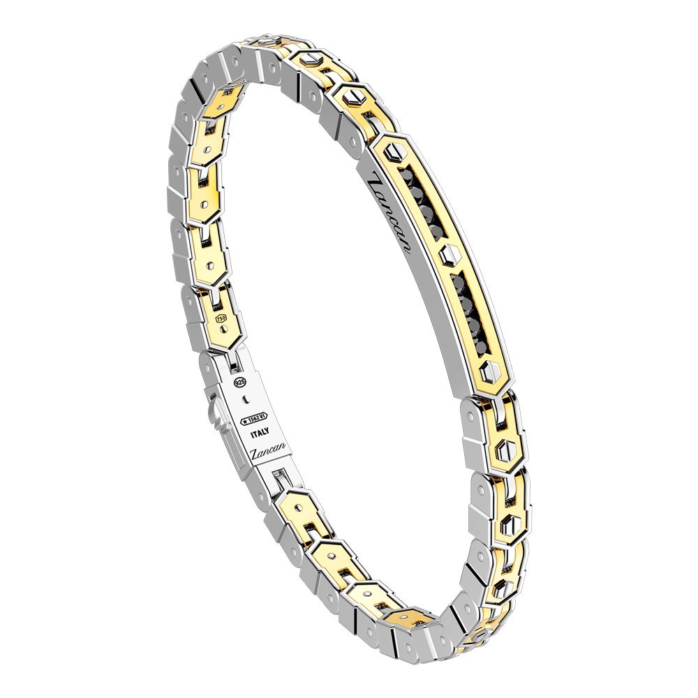 Zancan Bracciale Zancan in oro 18k ed argento con targa e pietre nere