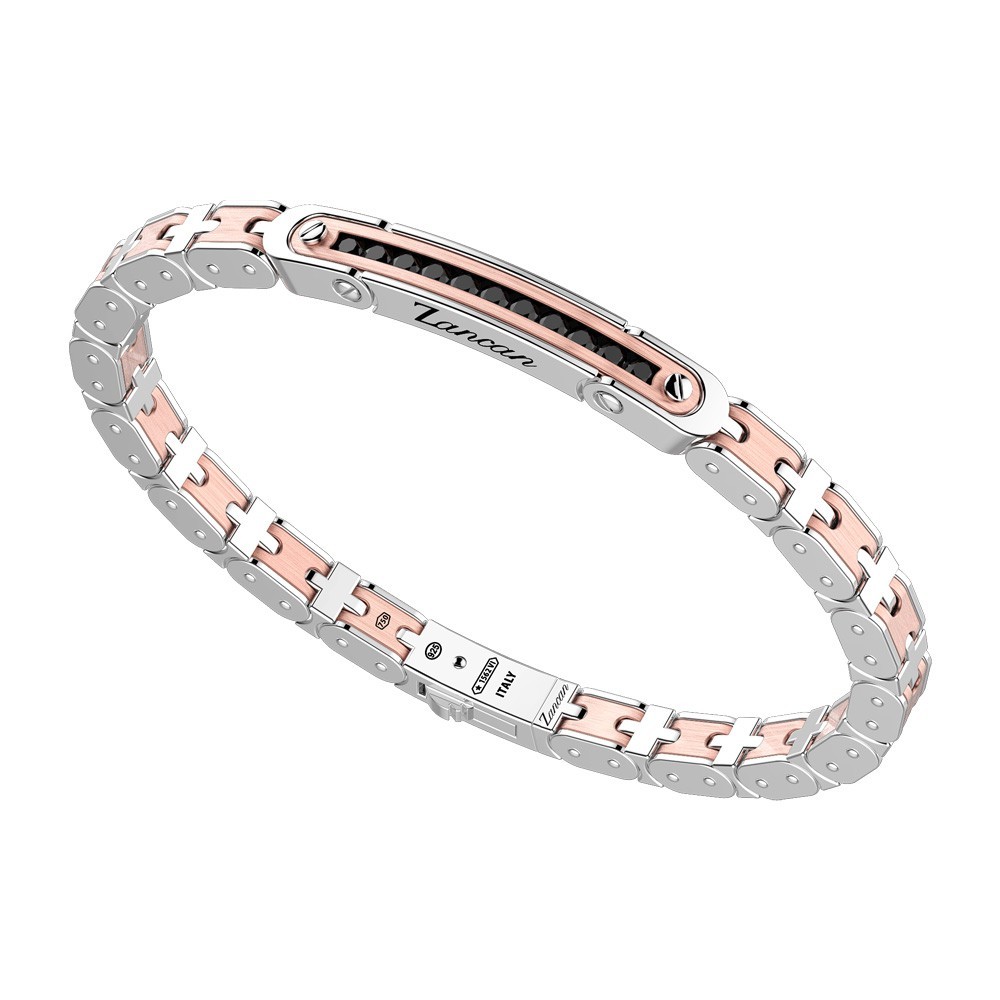 Zancan Bracciale Zancan in oro 18k ed argento con targa e pietre nere