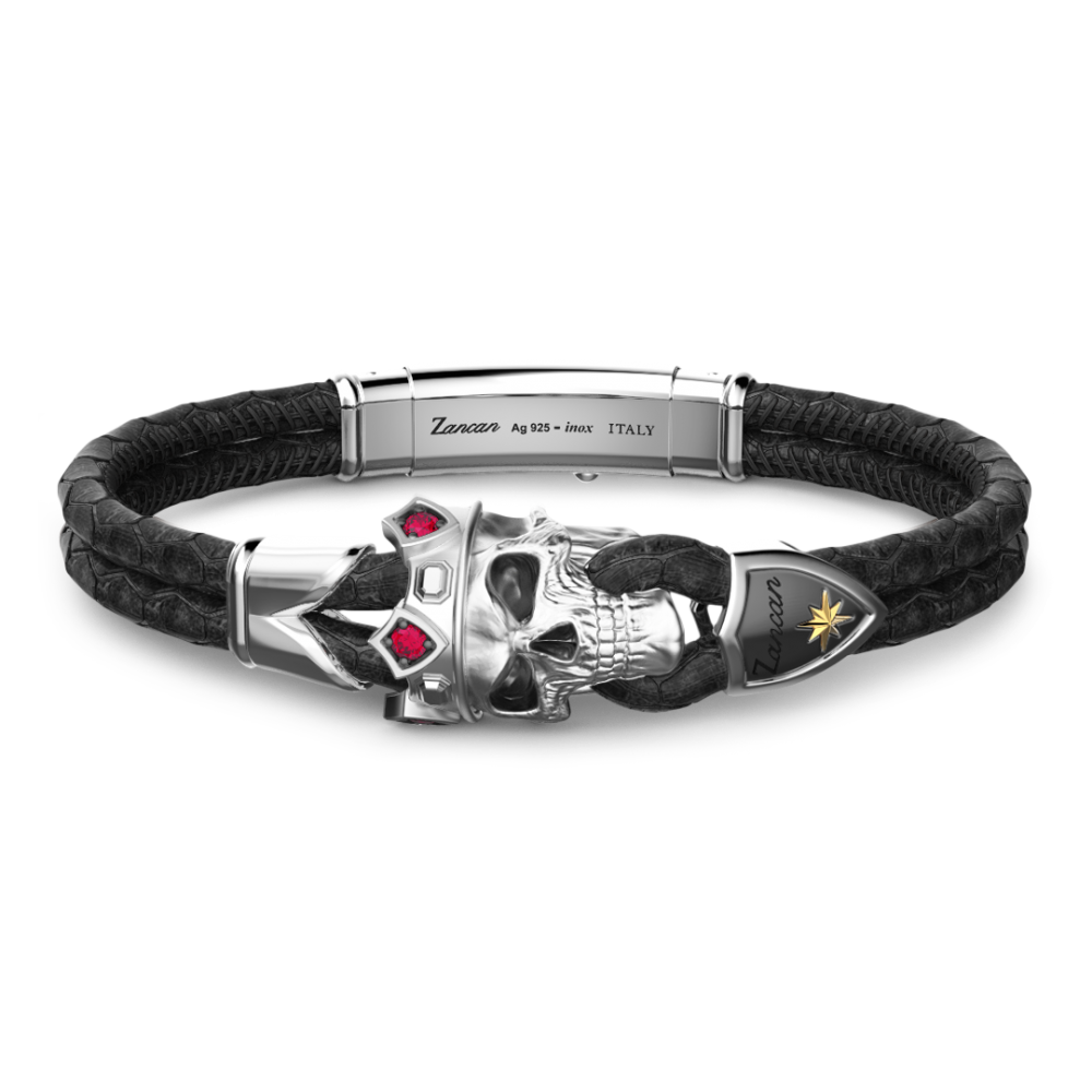 Zancan Bracciale Zancan in pelle con teschio incoronato in argento e pietre rosse