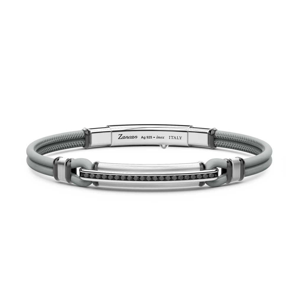 Zancan Bracciale Zancan in pelle naturale con targa in argento e pietre nere