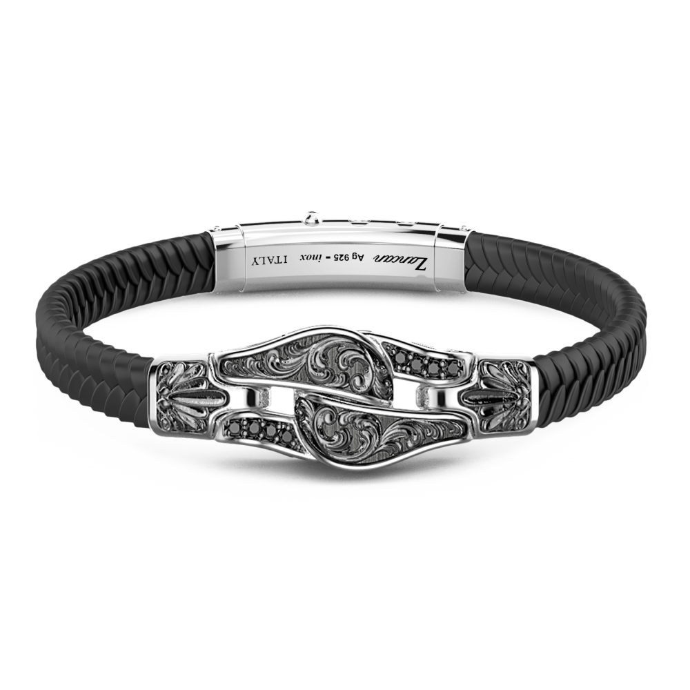 Zancan Bracciale Zancan in silicone con targa in argento e pietre nere