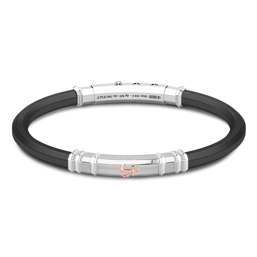 Zancan Bracciale Zancan in silicone nero con targa in argento e dettagli in oro rosa