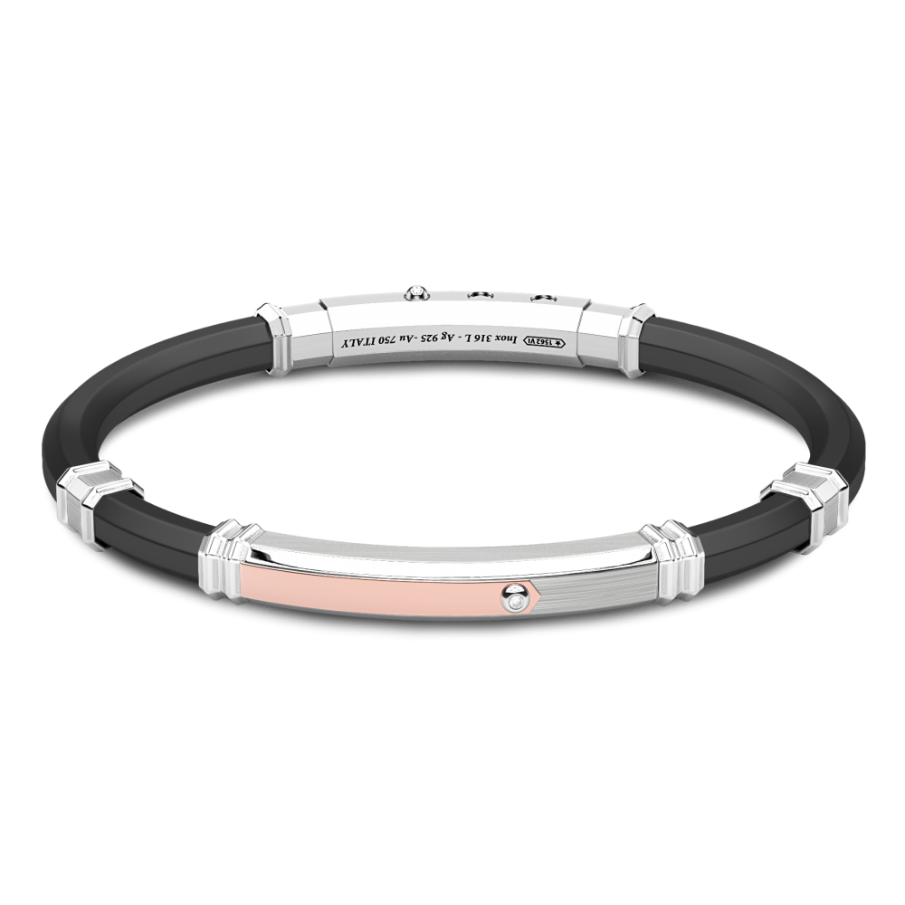 Zancan Bracciale Zancan in silicone nero con targa in argento e dettagli in oro rosa