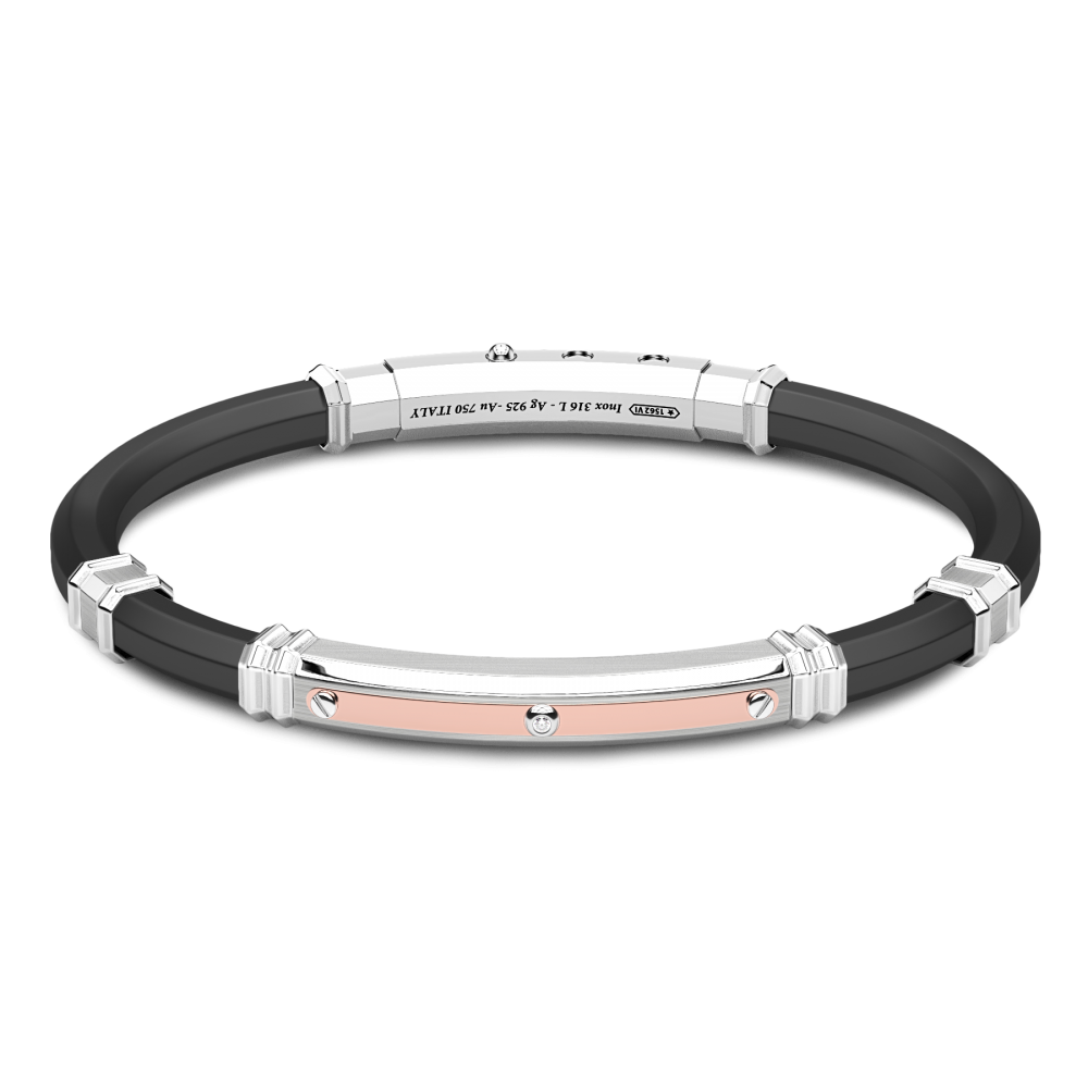 Zancan Bracciale Zancan in silicone nero con targa in argento e dettagli in oro rosa