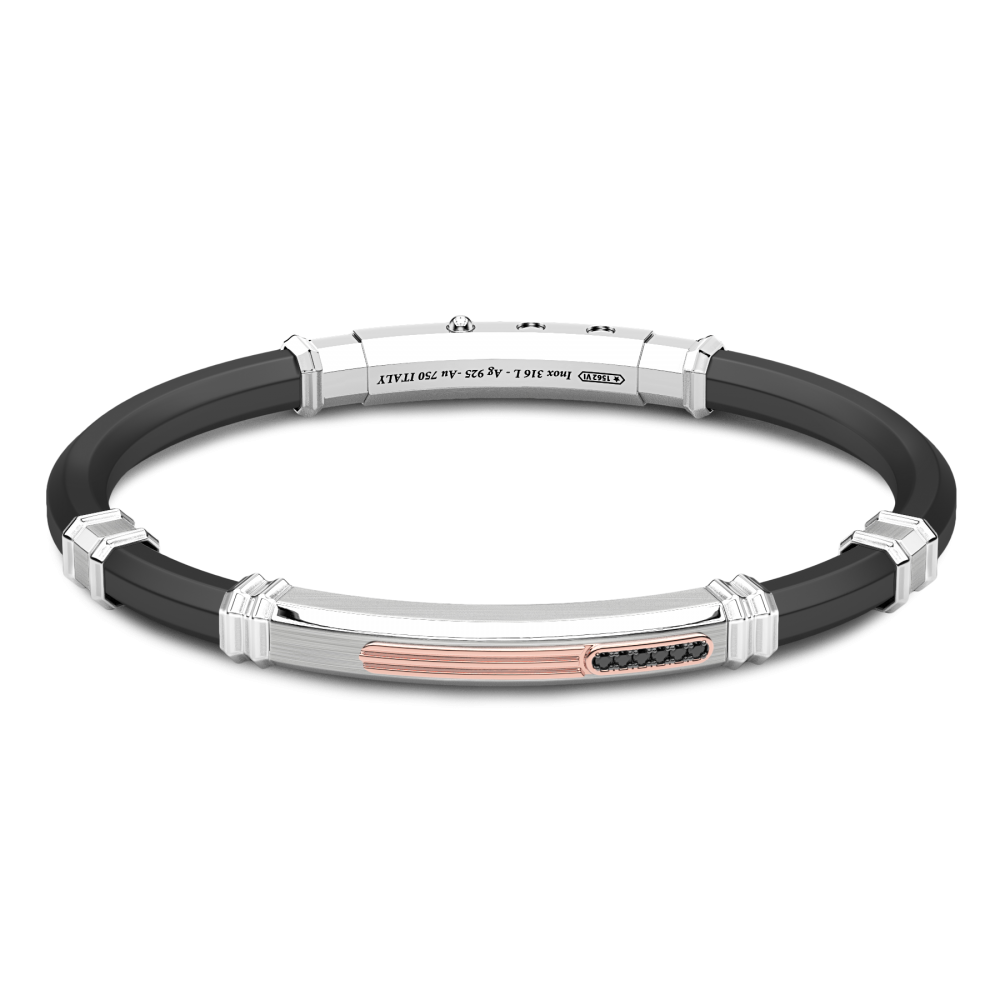 Zancan Bracciale Zancan in silicone nero con targa in argento e dettagli in oro rosa e pietre nere