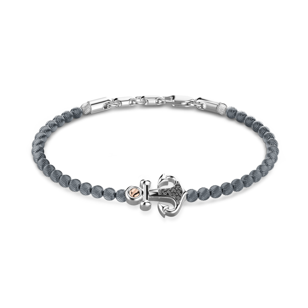 Zancan Bracciale Zancan morbido con sfere in argento ancora e pietre nere