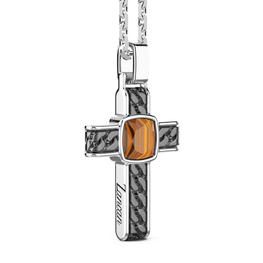 Zancan Collana In Argento Con Pendente A Croce E Occhio Di Tigre Quadrata