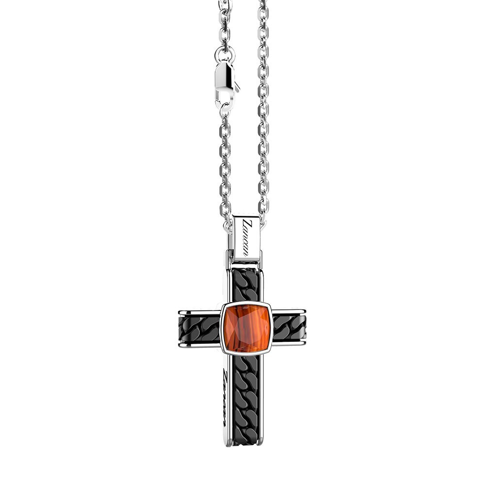Zancan Collana In Argento Con Pendente A Croce E Occhio Di Tigre Quadrata