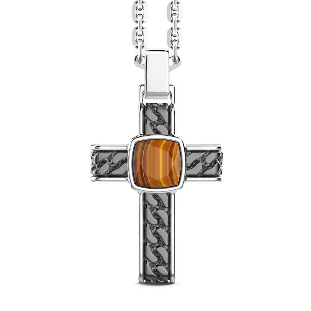 Zancan Collana in argento con pendente a croce e occhio di tigre quadrata