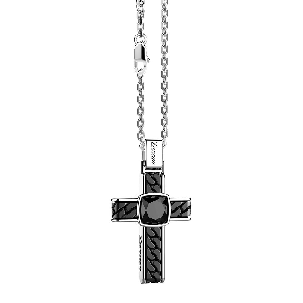 Zancan Collana In Argento Con Pendente A Croce E Onice Quadrata