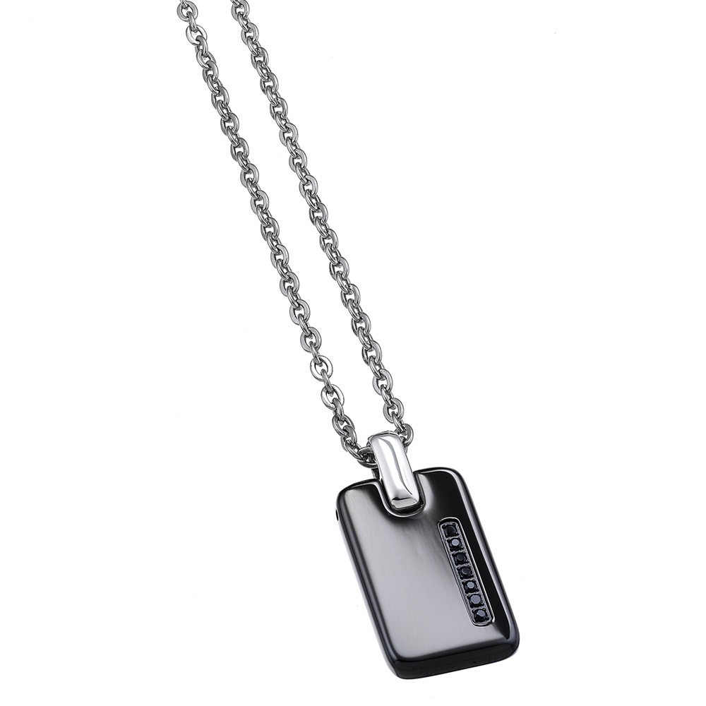 Zancan Collana Zancan in acciaio con piastrina e pietre nere