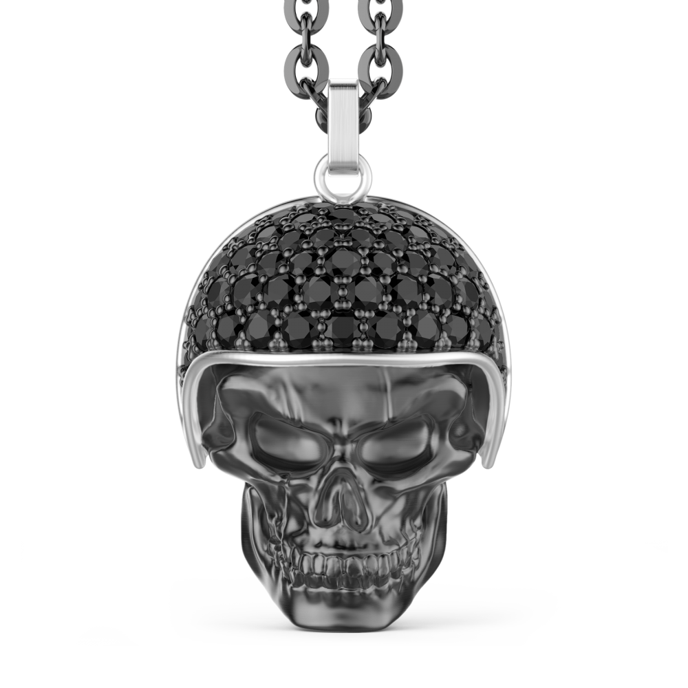 Zancan Collana Zancan in argento brunito con pendente teschio biker con pietre nere