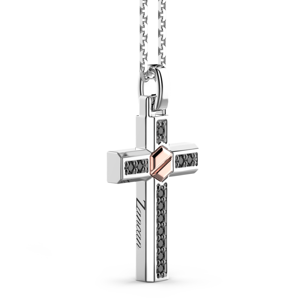 Zancan Collana Zancan In Argento Con Pendente A Croce Vite In Oro Rosa E Pietre Nere