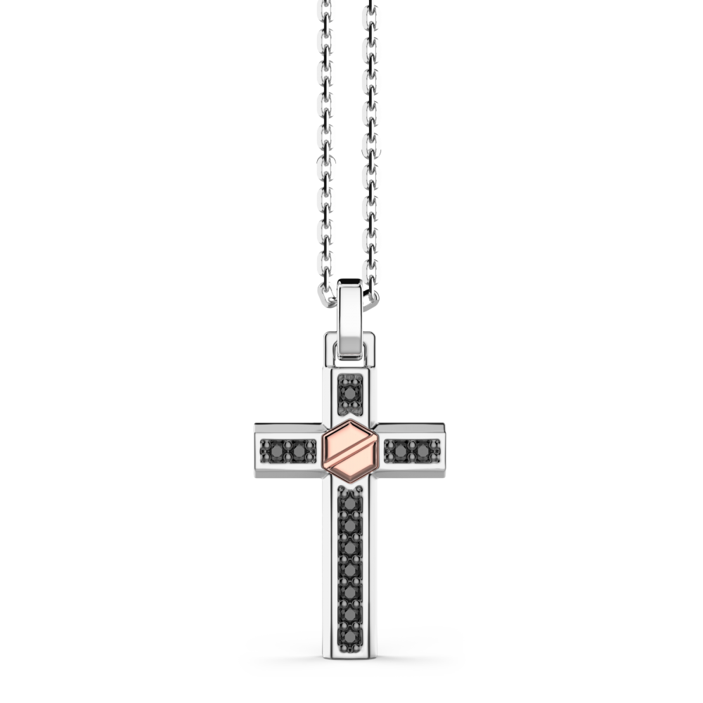 Zancan Collana Zancan In Argento Con Pendente A Croce Vite In Oro Rosa E Pietre Nere