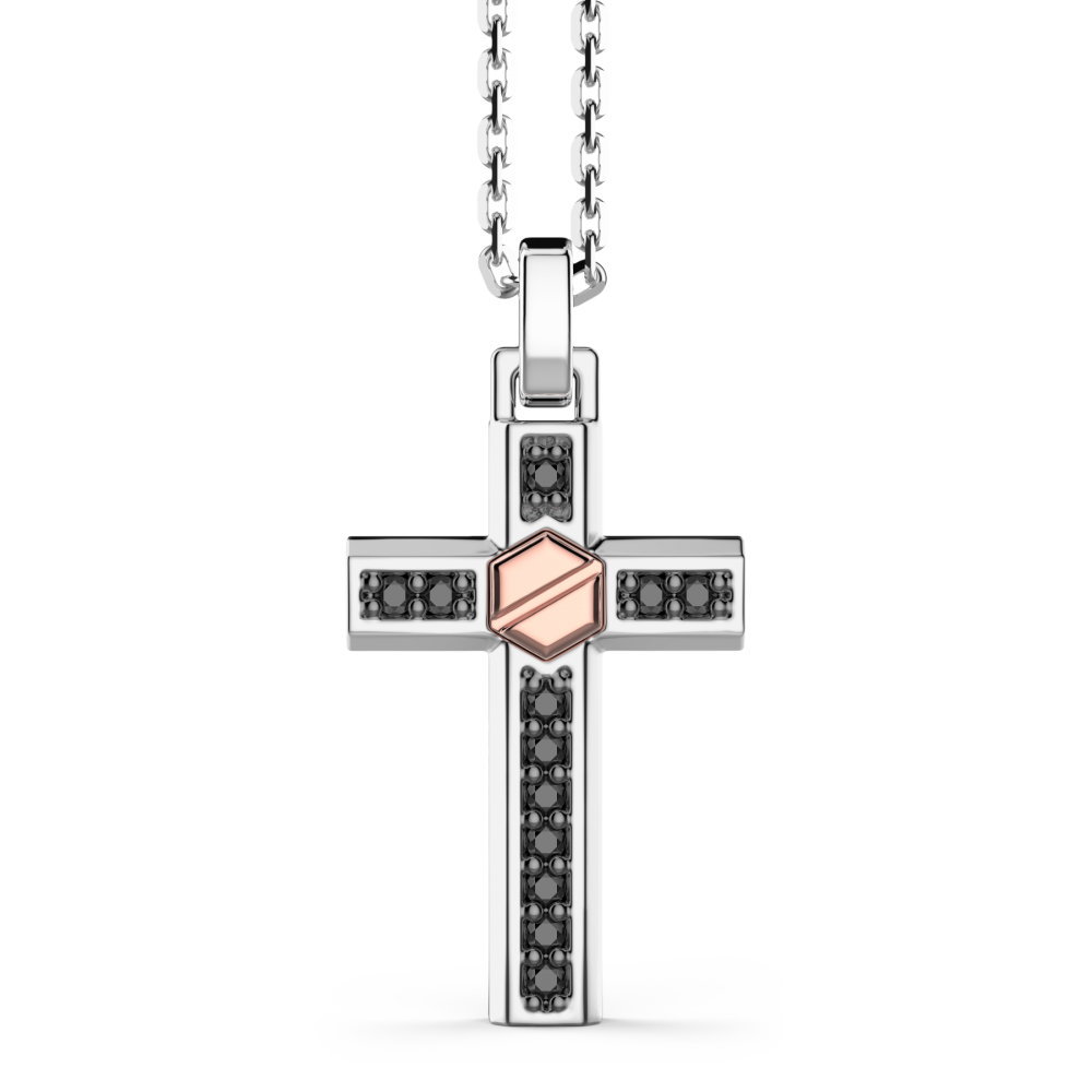 Zancan Collana Zancan in argento con pendente a croce vite in oro rosa e pietre nere