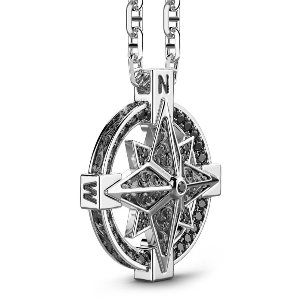 Zancan Collana Zancan In Argento Con Pendente A Rosa Dei Venti E Pietre Nere