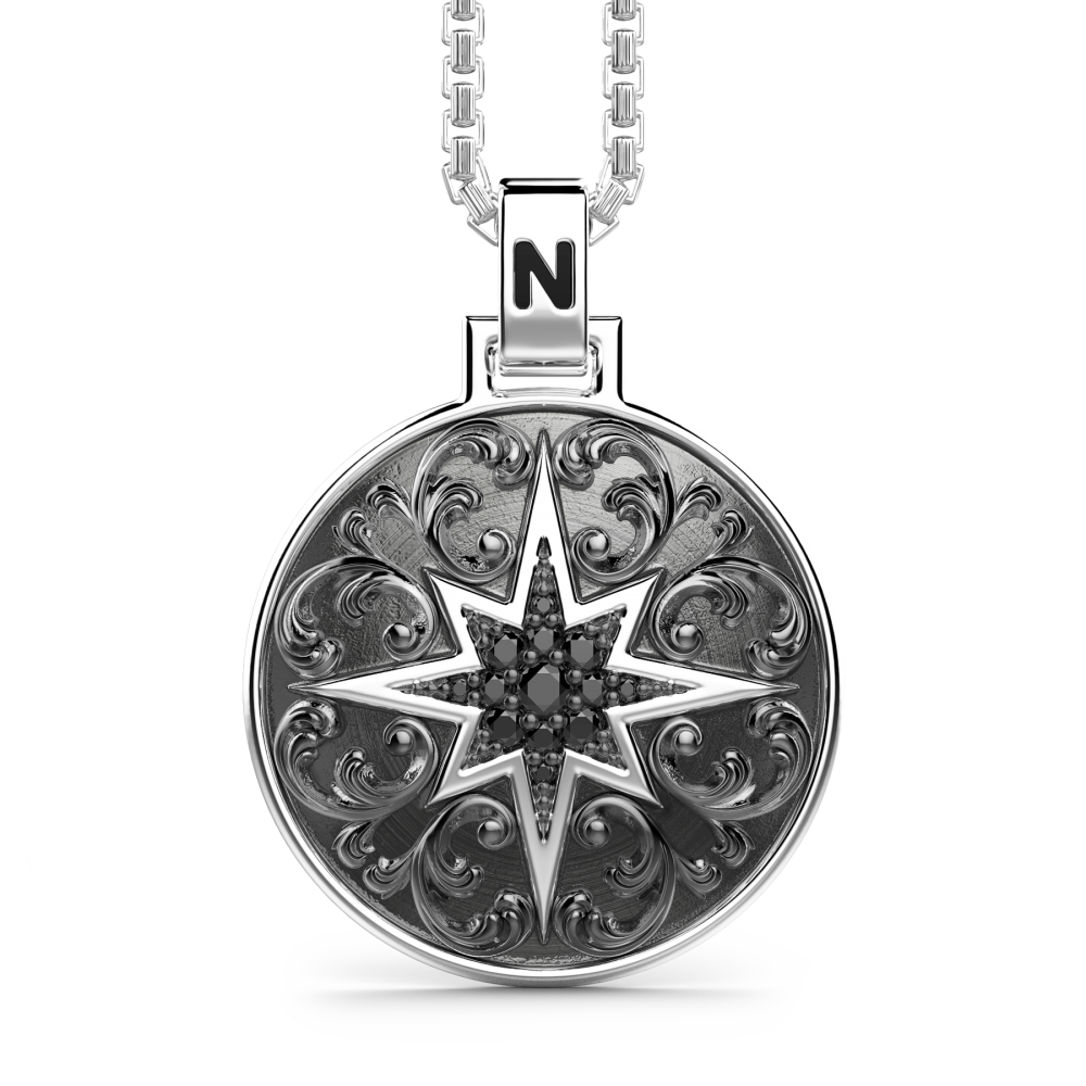 Zancan Collana Zancan in argento con pendente a rosa dei venti e pietre nere