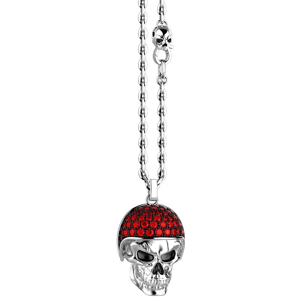 Zancan Collana Zancan In Argento Con Pendente Teschio Biker Con Pietre Rosse
