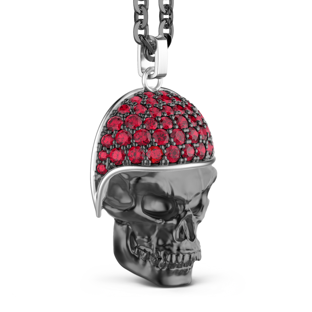 Zancan Collana Zancan In Argento Con Pendente Teschio Biker Con Pietre Rosse