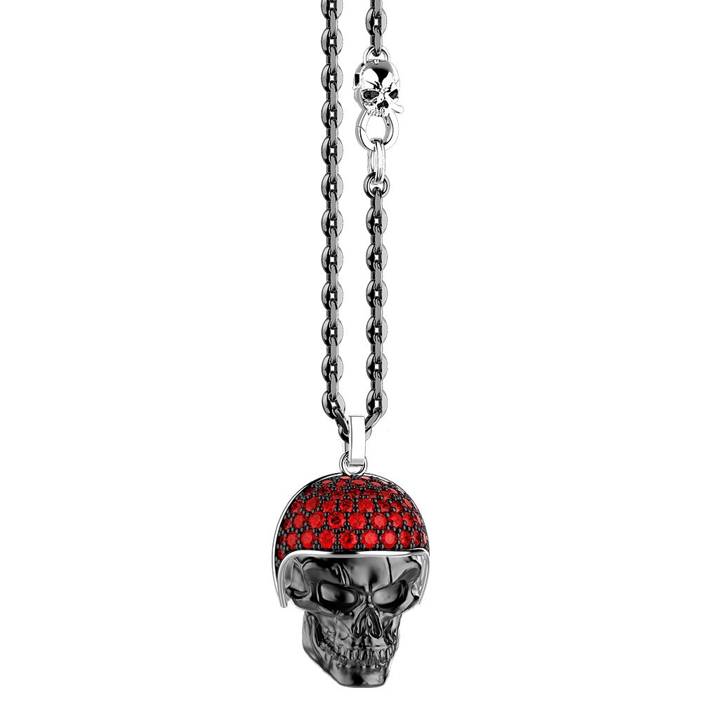 Zancan Collana Zancan In Argento Con Pendente Teschio Biker Con Pietre Rosse