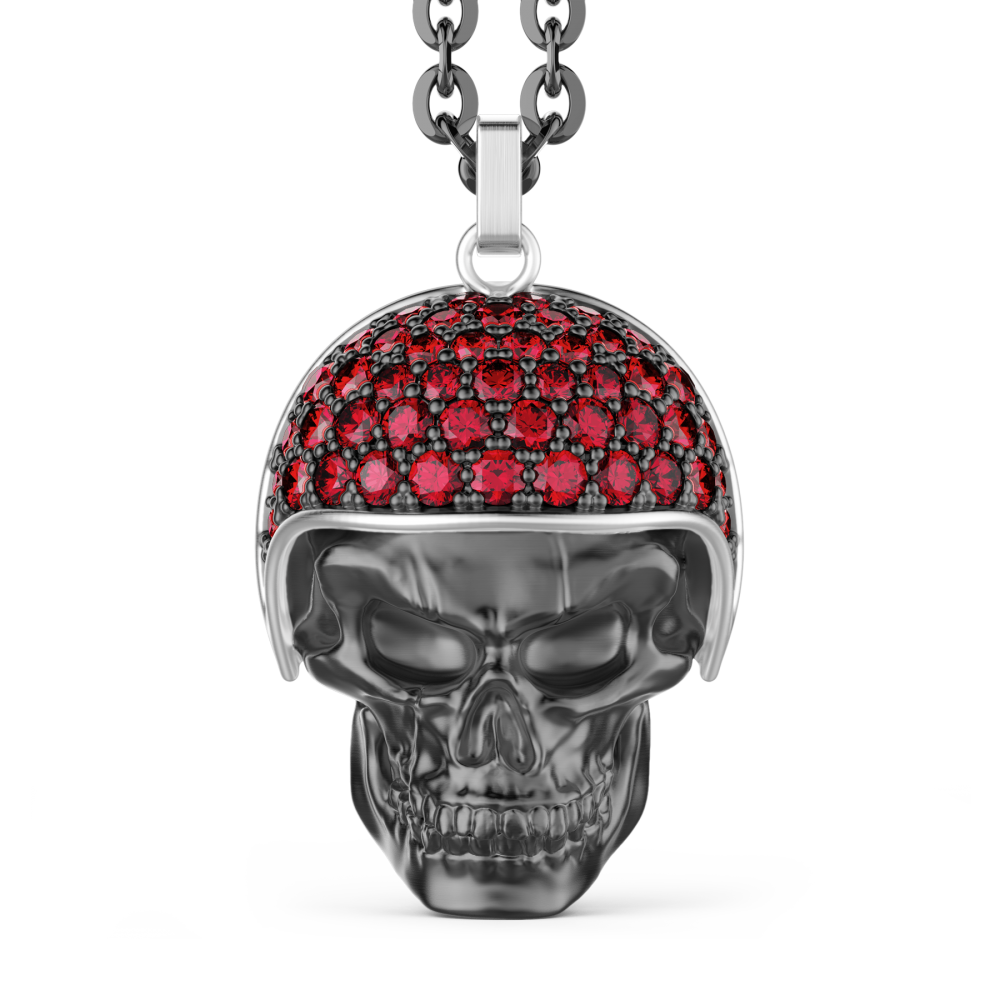 Zancan Collana Zancan in argento con pendente teschio biker con pietre rosse